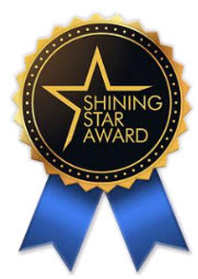 A gold and blue award ribbon with "Shining Star Award" written on it.