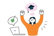 line art of happy student with a laptop dreaming of a graduation cap