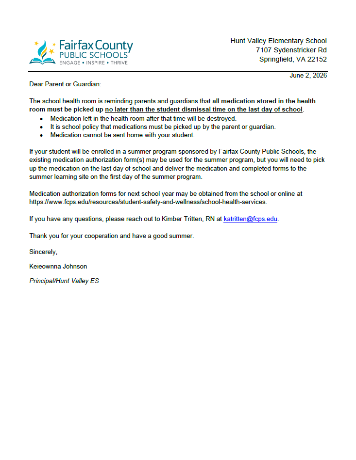 letter to parents regarding medication pickup