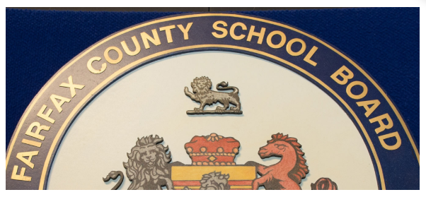 image with text Fairfax County School Board- lion and horse image holding a crown