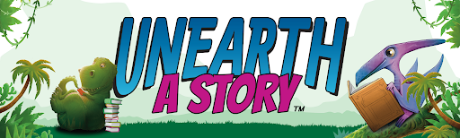 Summer Reading: Unearth a Story - Graphic of dinosaurs reading books. 