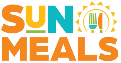 image showing Sun Meals text in orange and blue - picture of a fork and knife