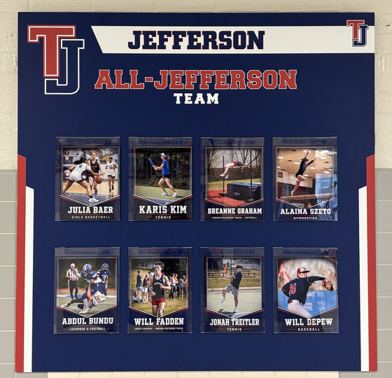 The new All-Jefferson Team display on the wall outside of the Activities Office.