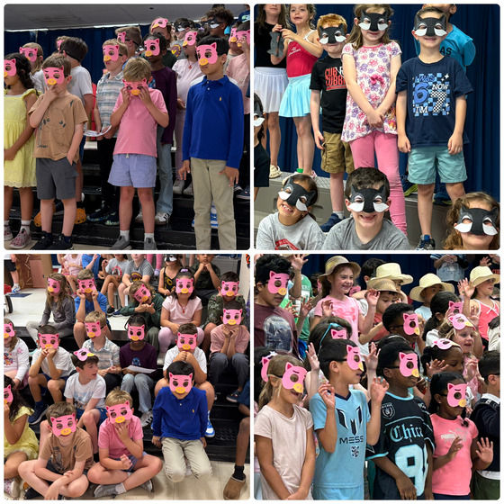 Collage of students wearing pig and wolf masks.
