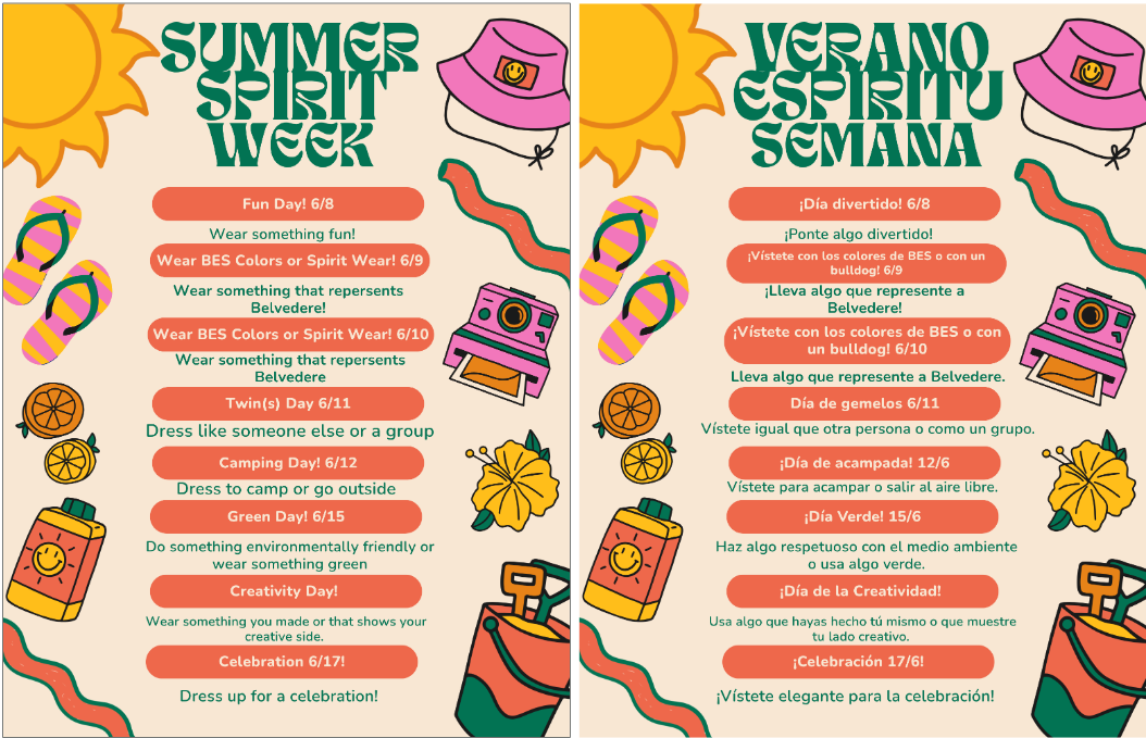 Belvedere Summer Spirit Week Flyer
