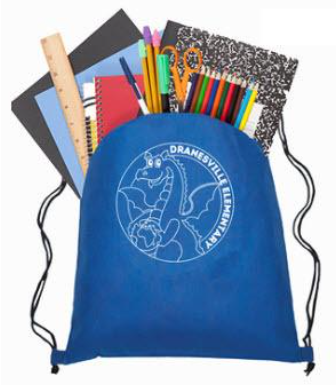 Image of blue drawstring bag filled with school supplies