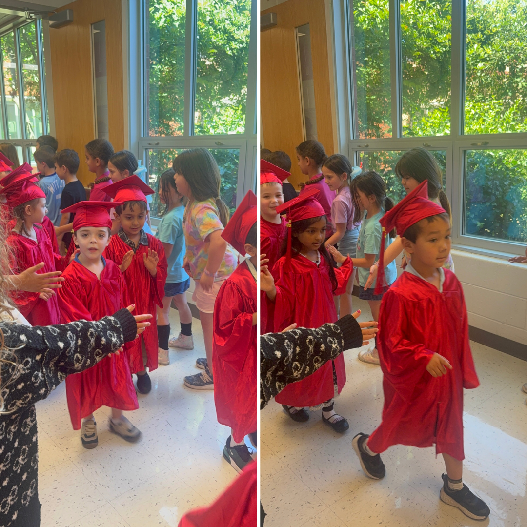 preschool students in red caps and gowns