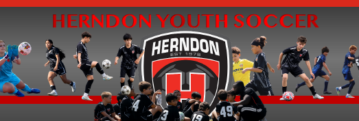 Boys and girls playing soccer surrounding an H with text Herndon and Herndon Youth Soccer.  Colors mostly red, black, white