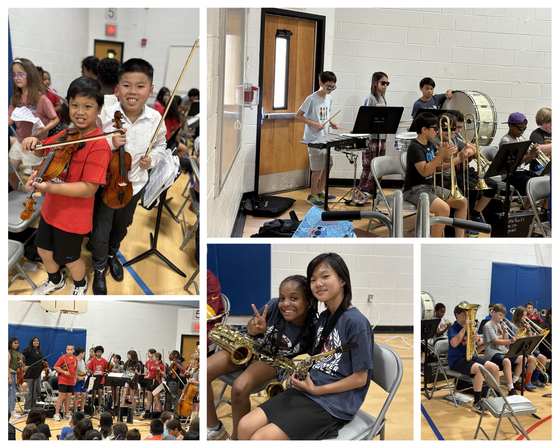 Five-photo collage of elementary school students performing in a school band and strings concert with violins, saxophones, and brass instruments.