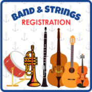 band and strings registration. Image of a drum, trumpet, clarinet, and stringed instruments. 
