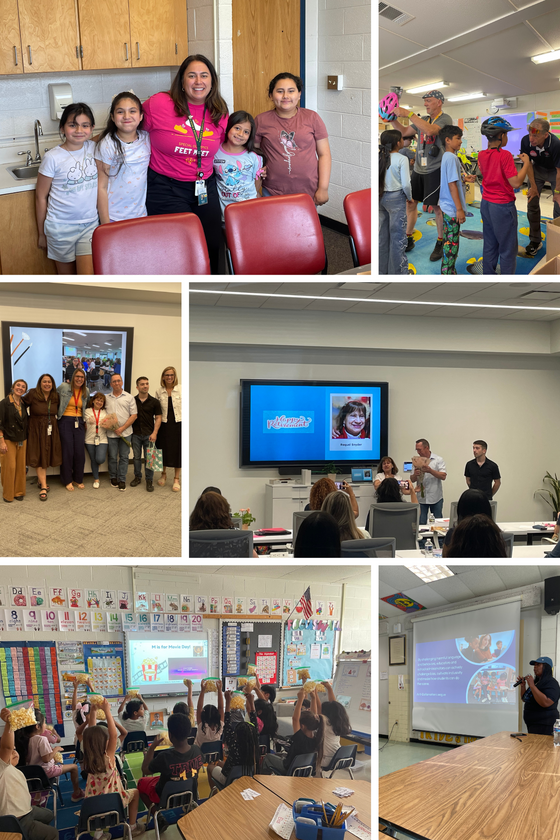 Collage of 6 photos of teachers with elementary school students