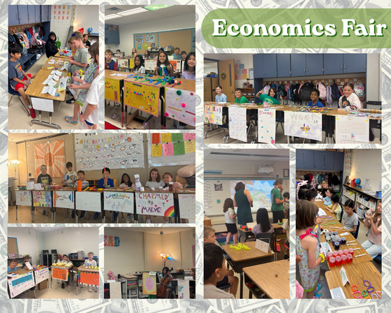 Collage of elementary students at market booths during an Economics Fair. A green title block reads "Economics Fair" over a dollar bill pattern.