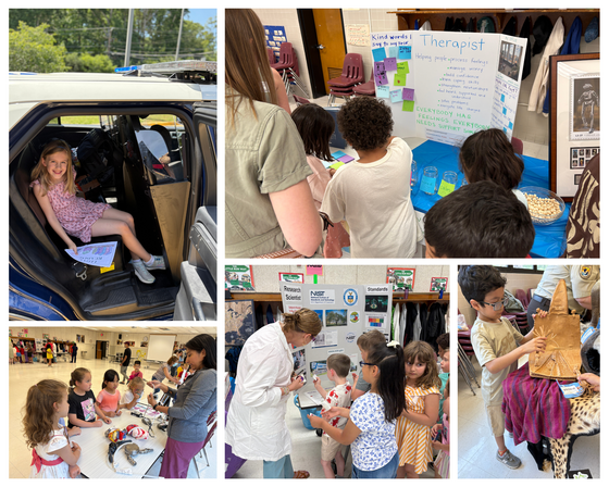 Five-photo collage of elementary school students interacting with professionals and exploring equipment during a school Career Day event.