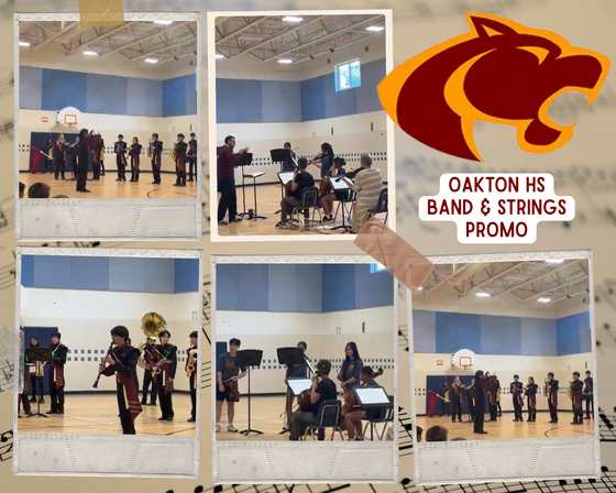 Collage showing high school students practicing band and strings in a gym. Features a cougar mascot logo and "OAKTON HS BAND & STRINGS PROMO" text. 