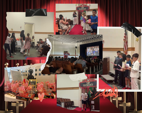 Collage of student movie premiere with an auditorium audience, a popcorn concession table, and students walking a red carpet through a VIP entrance.