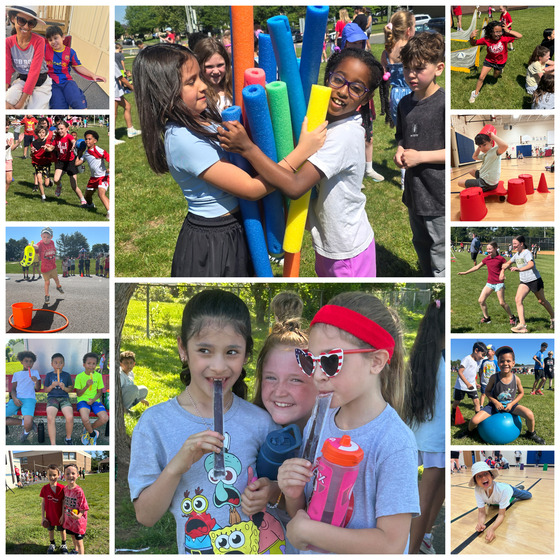 Collage of elementary students laughing, running, playing with water, and eating popsicles.
