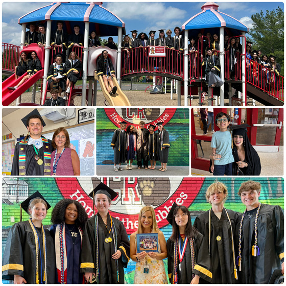 Collage of high school graduates in caps and gowns visiting teachers and posing on the playground.
