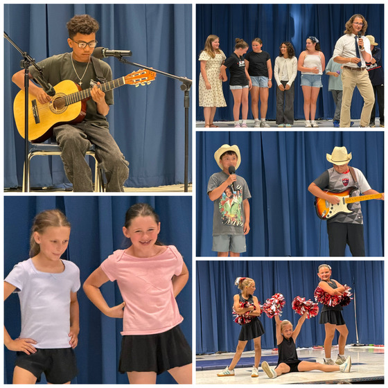 Collage of elementary students singing, dancing, playing guitar, and cheering on stage.