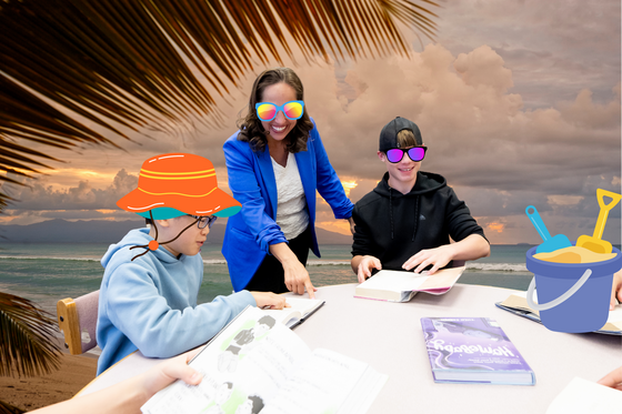clip art added (sunglasses and hats) to students smiling with books with Principal Bromberg