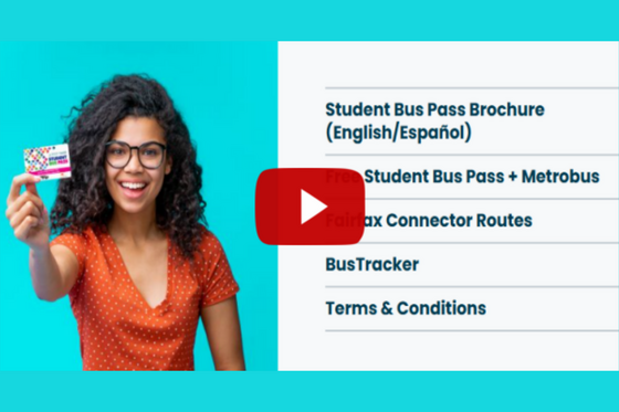 picture of student smiling holding a bus pass with a youtube red play button on top 