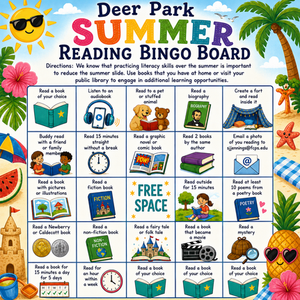 summer bingo chart with colorful books and letters with paper copy being sent home