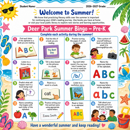 preschool summer bingo chart with colorful books and letters with paper copy going home