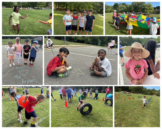 Multi-photo collage of elementary school students participating in outdoor field day activities, including relay races, games, and eating popsicles.