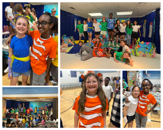 Collage of elementary school students performing and posing in colorful costumes for a spring musical production of Finding Nemo.