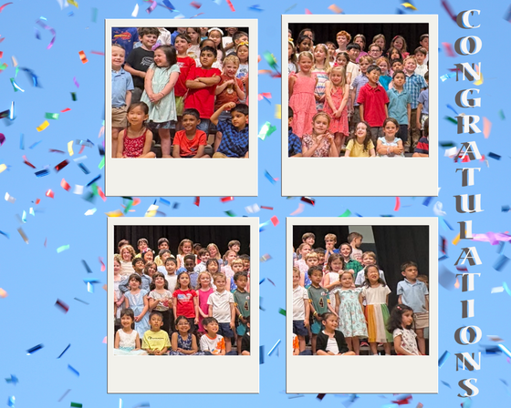 Four Polaroid-style photos showing groups of elementary school students on a stage, framed by a light blue background with colorful confetti.