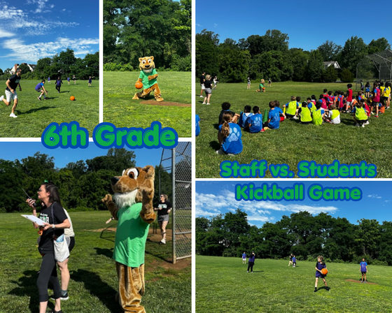 Four-pane photo collage of a sixth-grade staff versus students kickball game on a grassy field, featuring a school mascot in a green shirt.