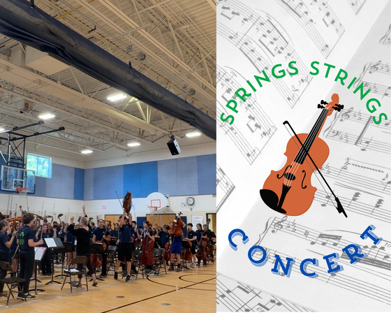 Split image showing a school orchestra practicing in a gym and a graphic of a violin over sheet music with the text Springs Strings Concert.