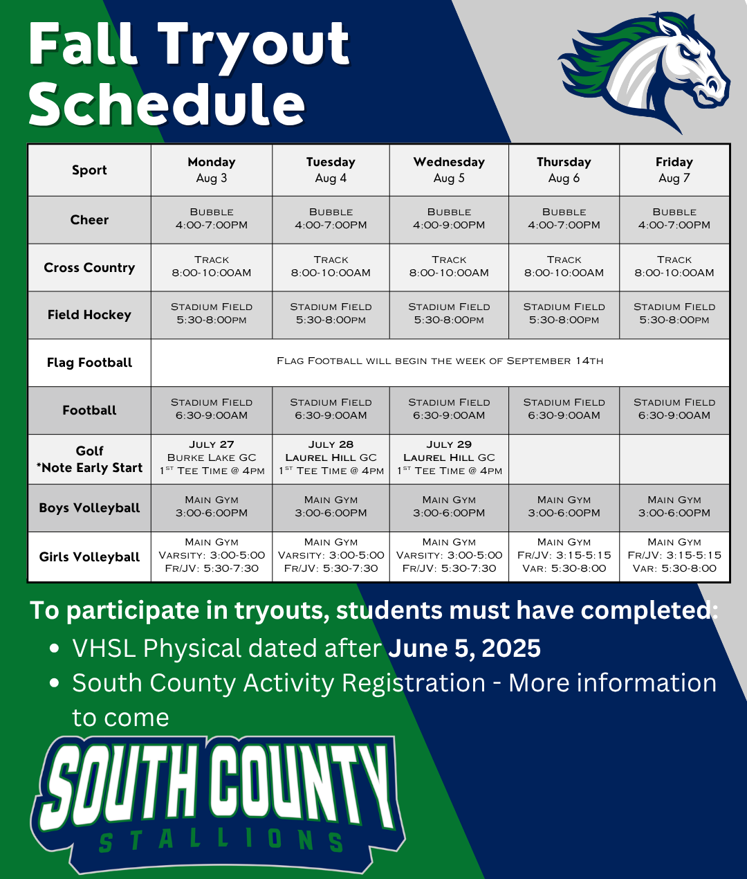 Schedule graphic for first week of fall sports try-outs