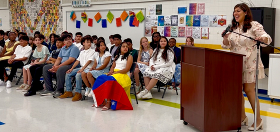 AP Gilley and the six graders at the HMES Sixth Grade Promotion.