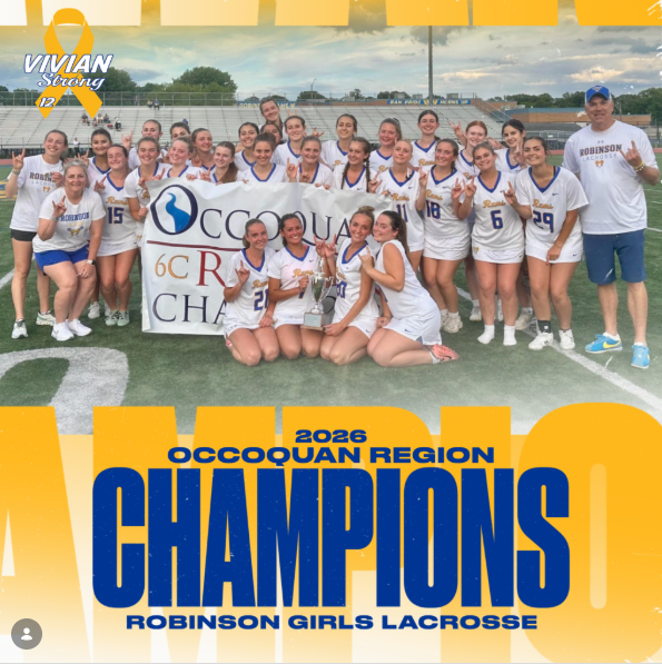 Girls lacrosse team kneeling and standing while holding Occoquan Region Champions banner