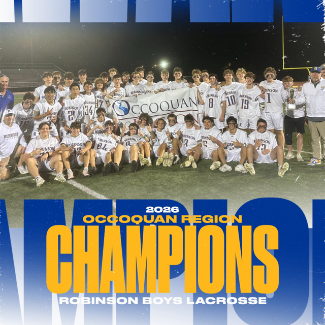 Boys lacrosse team seating and standing while holding Occoquan Region Champions banner