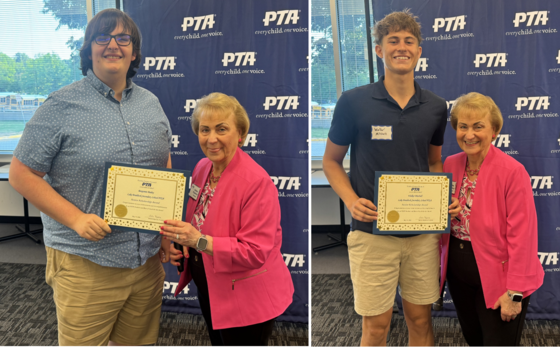 Students standing with woman while smiling and holding scholarship certificate