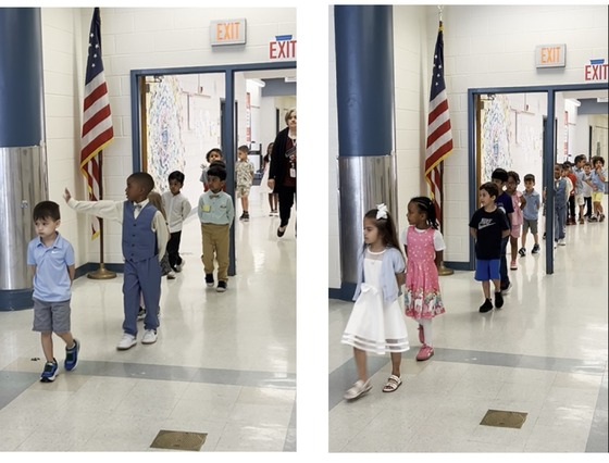 Preschool students parading into the cafeteria