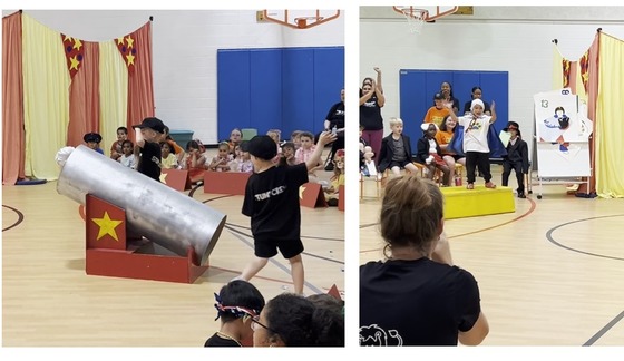 Students performing the "Human Cannonball" trick  in the Kindergarten Circus