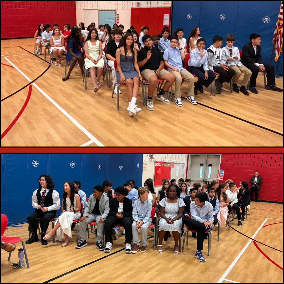 6th grade students sitting in rows in a school gym