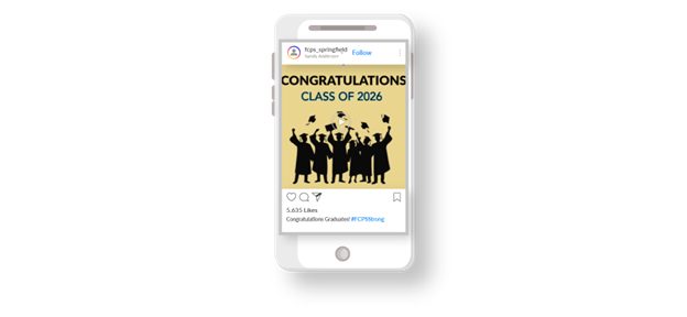 Congratulations Class of 2026 with images of students in cap and gowns tossing their caps on a cell phone