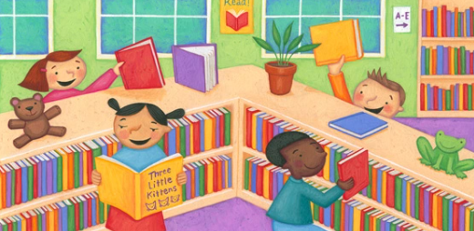 colorful illustration of school library