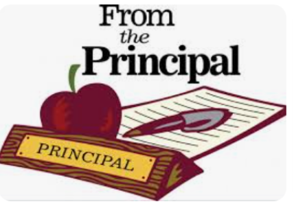 Principal's Message-image showing name plaque, red apple, pad and pen