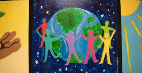 SIS - image showing six human images holding the earth with stars in the background