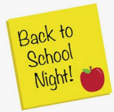 image show text Back to School Night next to a red apple on a yellow background 