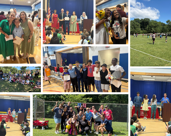 Collage of students and staff celebrating a 6th-grade promotion ceremony on a school stage and participating in an outdoor staff kickball game.