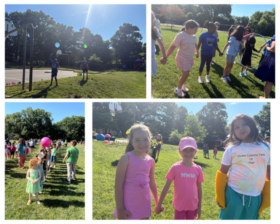 Four-photo collage of elementary school students participating in an outdoor end-of-the-year house meeting with games and team-building activities.