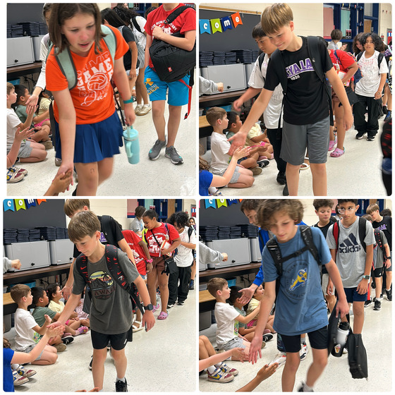 Four panel collage of 6th graders walking Cub Run.