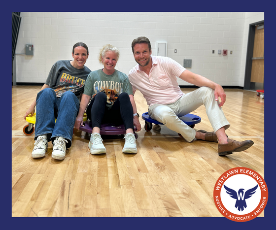 Erin Theiss, Stephanie Carpenter, and Christoph Hill sit on adult-sized scooters and smile at the camera.