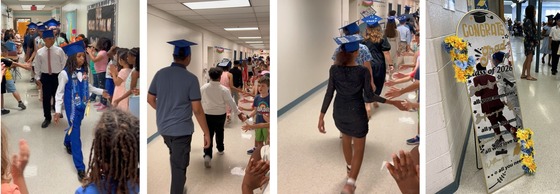 6th grade students dressed up and wearing graduation caps walking through the hall while younger students clap