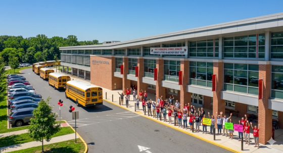 A picture of Herndon buses leaving on the last day of school and staff members waving goodbye to the buses as they exit the campus. 